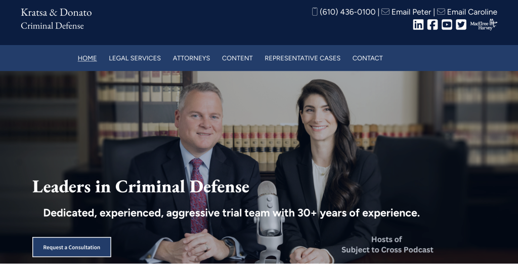Homepage for Kratsa and Donato Law, above the fold