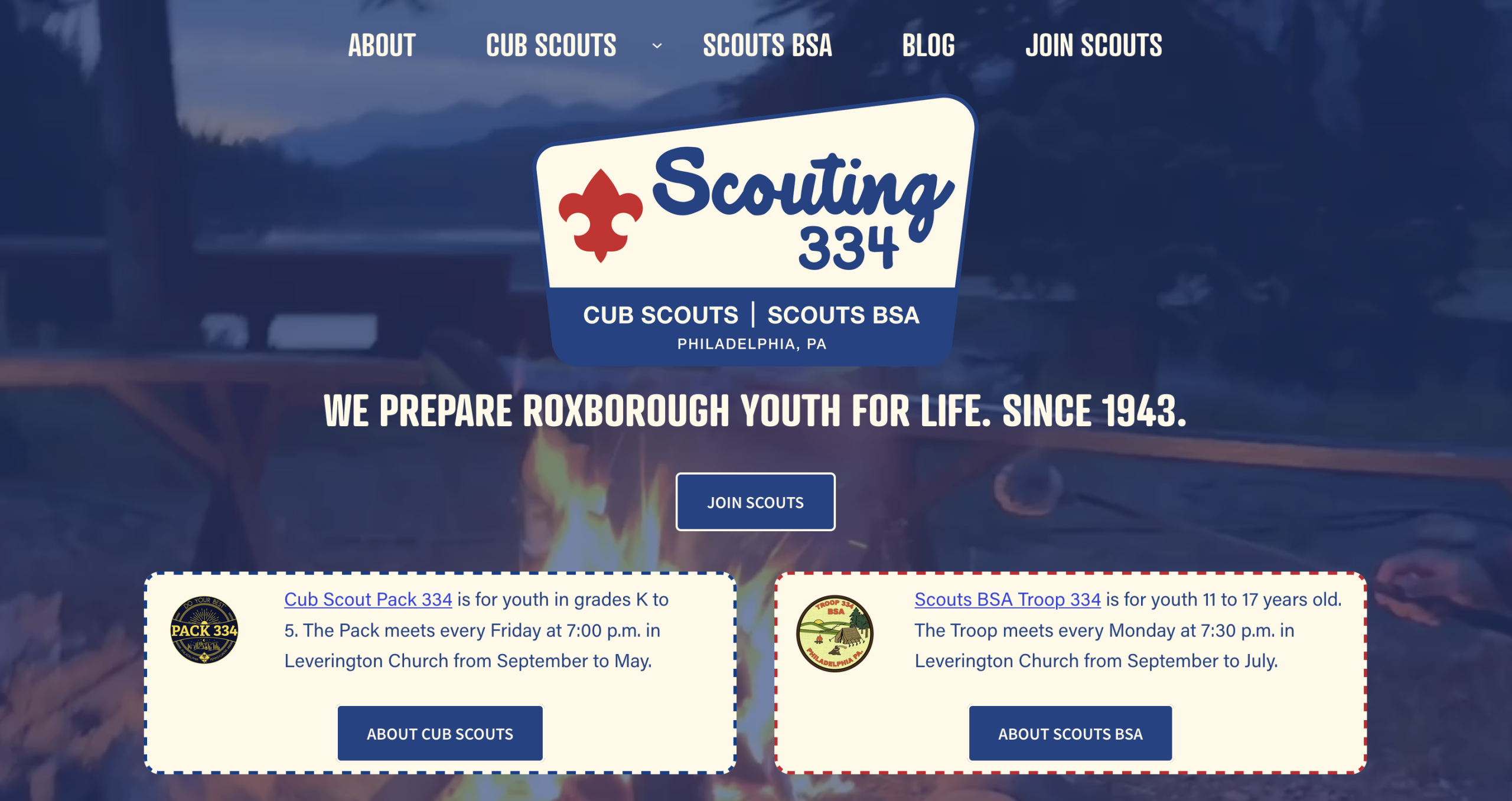 Home page of the scouting334.com homepage, above the fold